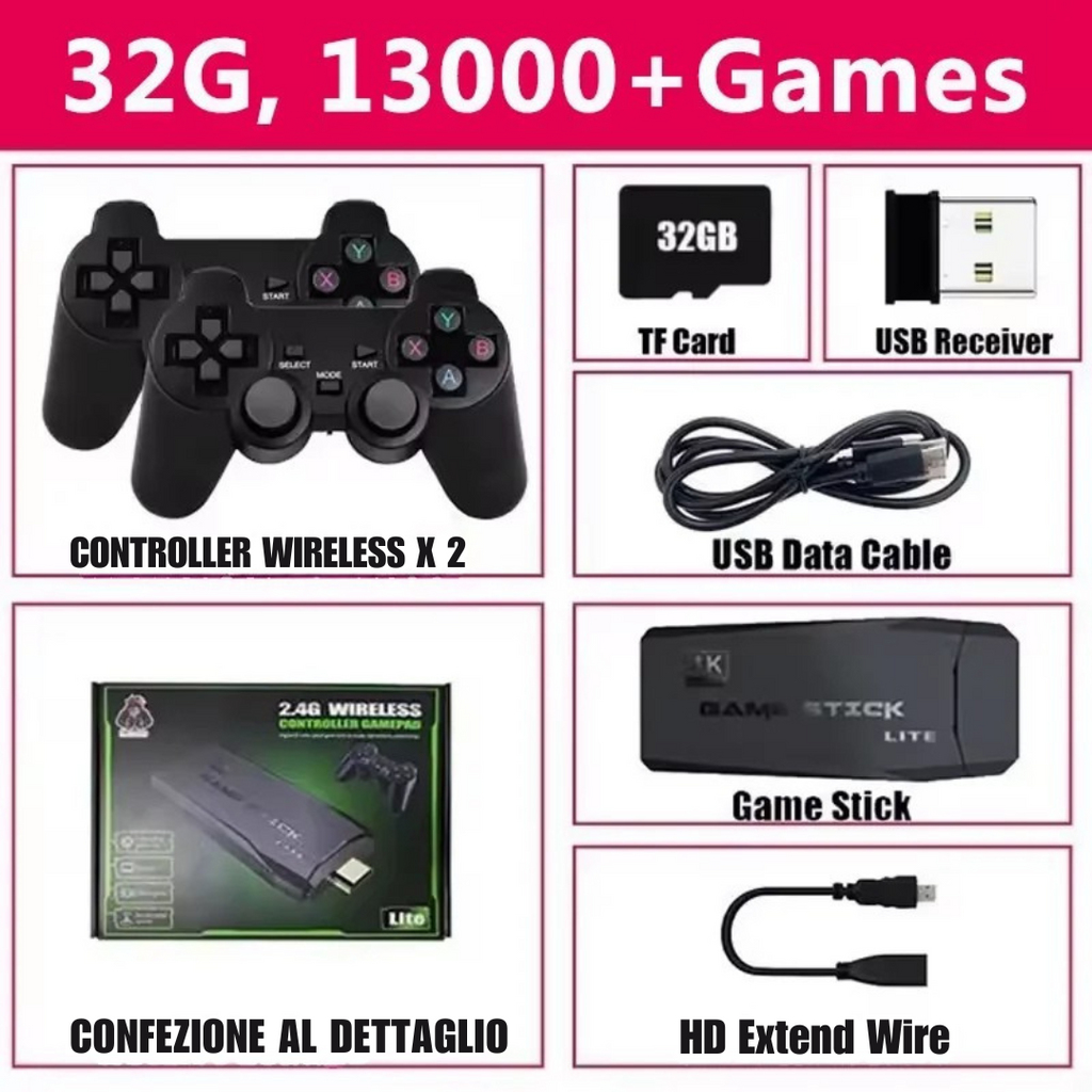 M8 Console Retro 4K HD | Game Stick Portatile + 20.000 Giochi e 2 Controller Wireless 2.4G